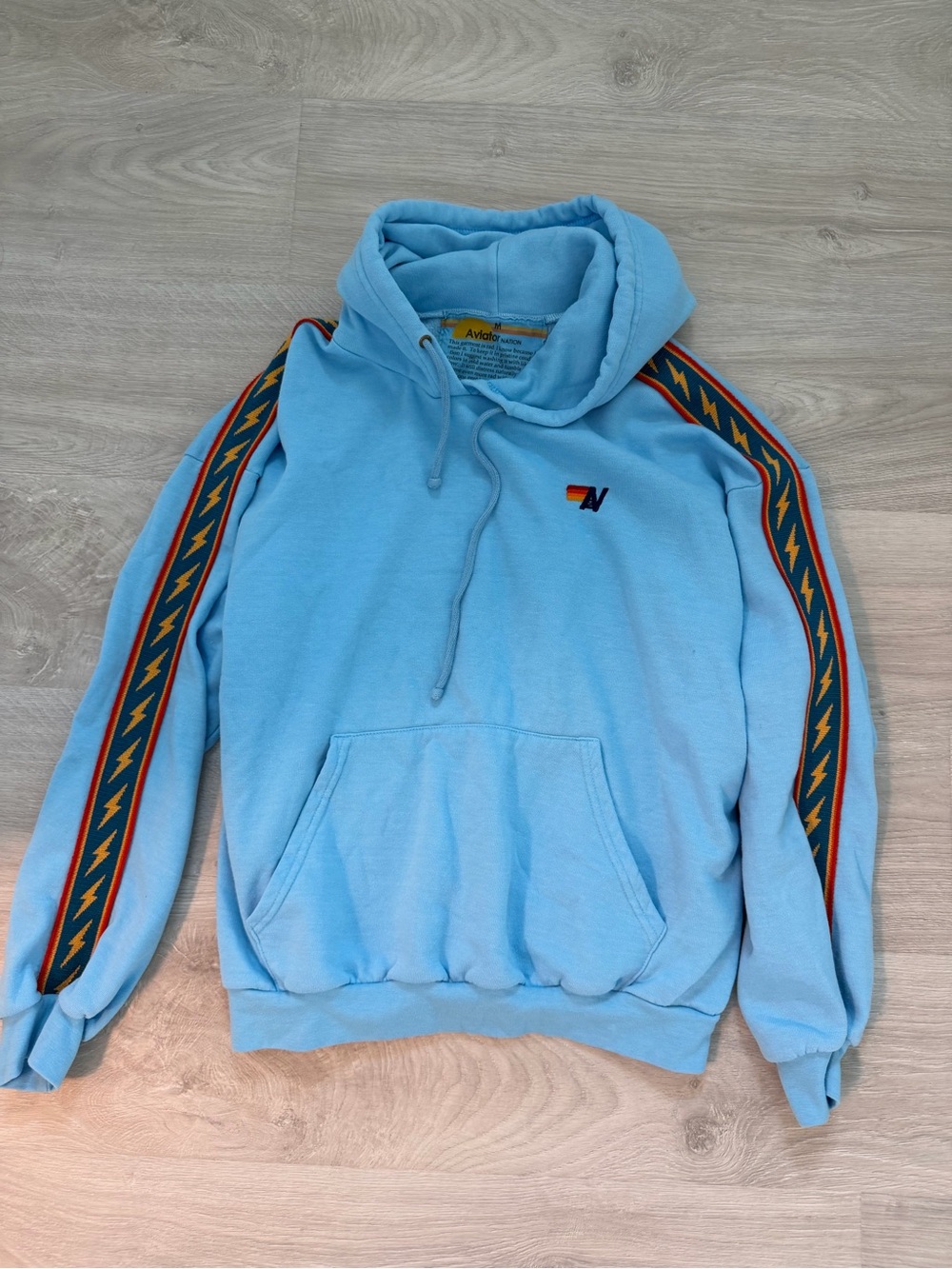 Aviator Nation Light Blue Hoodie with Lightning Stripe Sleeves